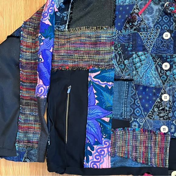 Upcycled Hoodie Sweatshirt Jacket Patchwork Fabric Scraps Frayed Apocalyptic - Picture 13 of 14